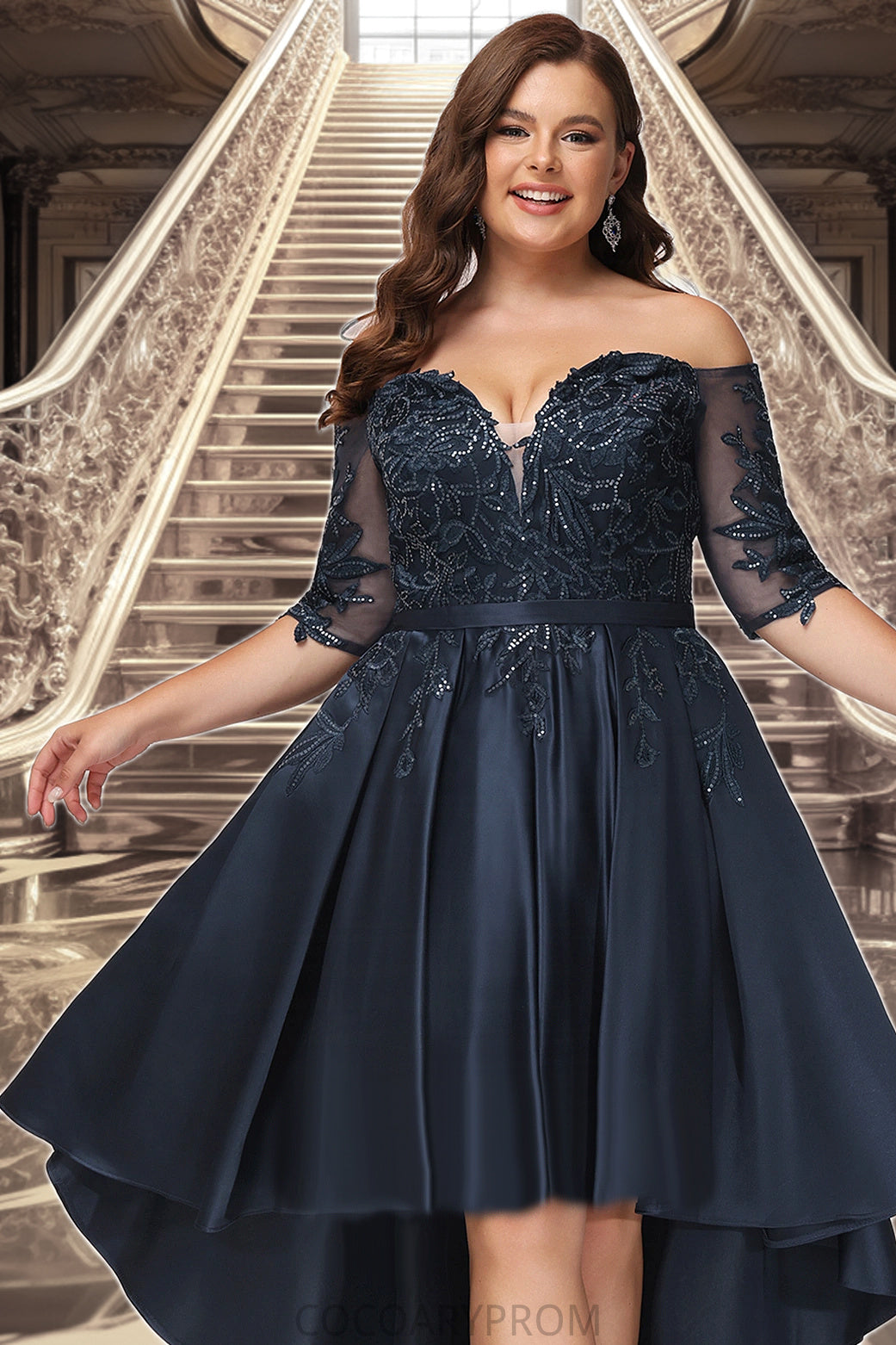 Larissa A-line Off the Shoulder Asymmetrical Lace Satin Homecoming Dress With Sequins DA8P0020580