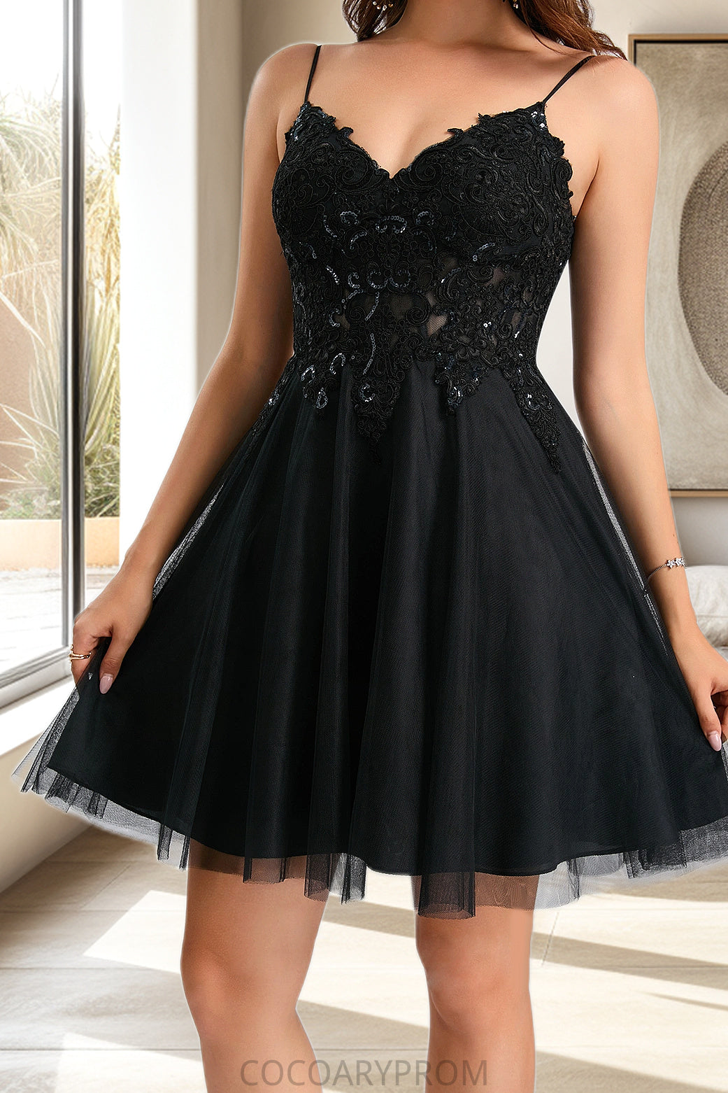 Kamila A-line V-Neck Short/Mini Tulle Homecoming Dress With Sequins DA8P0020462