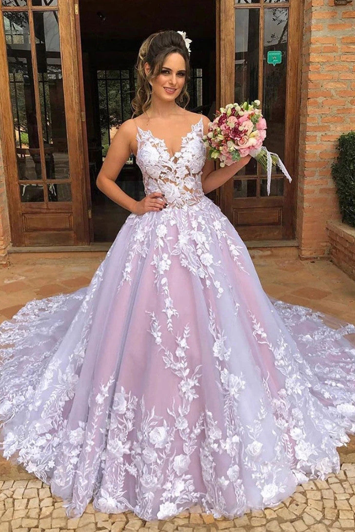 A-line Sleeveless V Neck Tulle Appliques Pink Long Prom Wedding Gown