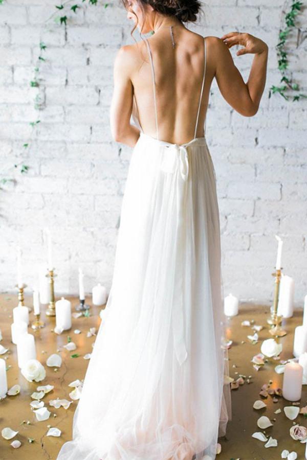 Chic Spaghetti Straps Backless V Neck Floor Length Wedding Dresses