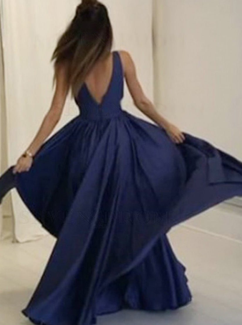 Simple Deep V-Neck Open Back Long Blue Prom Dresses