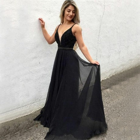 Simple Black Spaghetti Strap V Neck Chiffon Long Prom Dresses