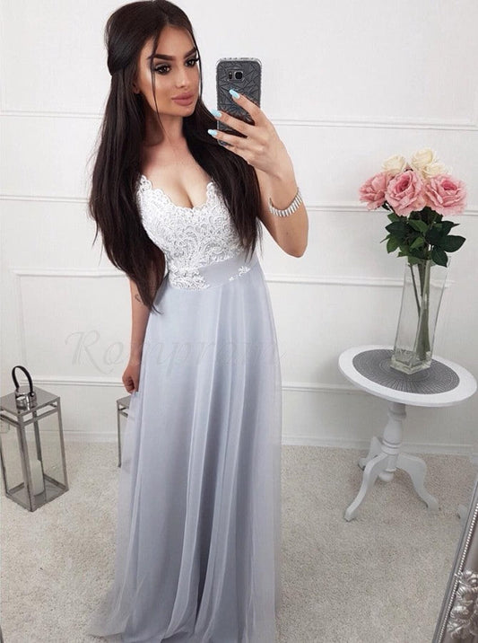 Chic A Line Chiffon Lace V Neck Prom Dresses Formal Party Dresses