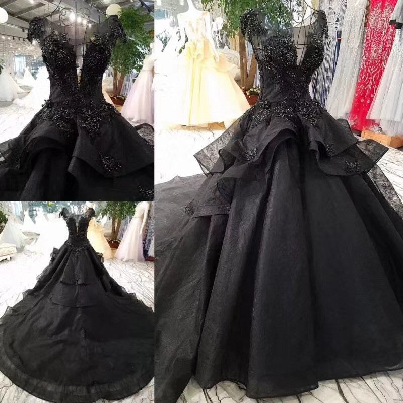 Stunning Cap Sleeves Ball Gown Black Long Wedding Dresses with Beads