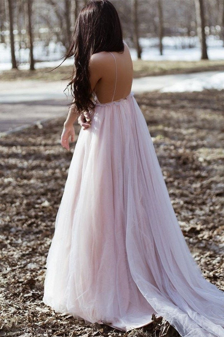 Spaghetti Straps Long Prom Dresses Backless Formal Dresses with Handmade Flowers