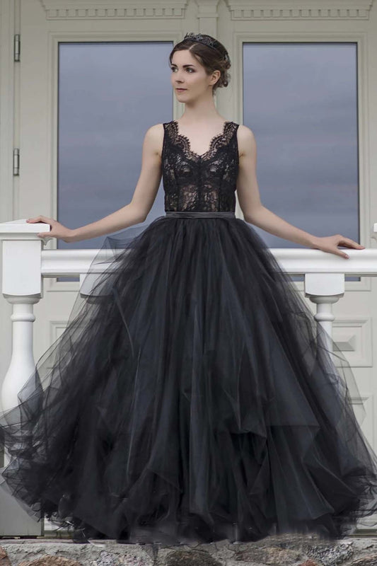 A-line V-neck Lace Tulle Long Black Wedding Dresses