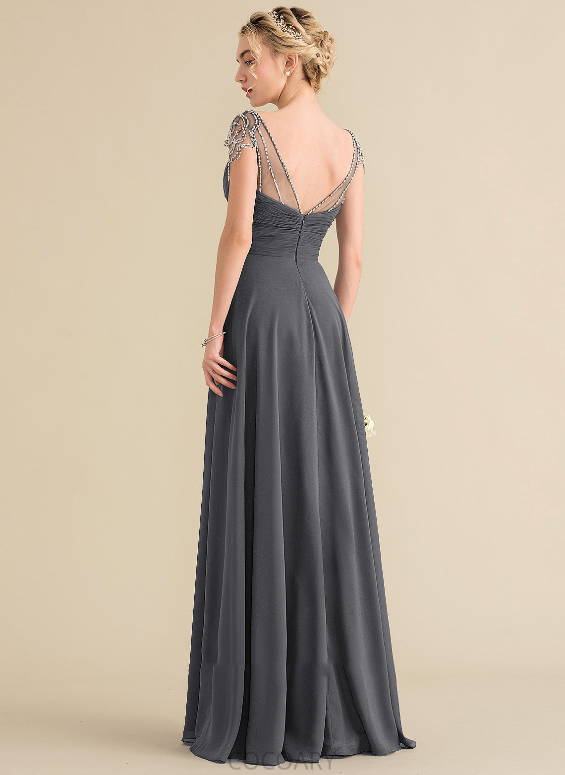 Ruffle Length V-neck Sequins Fabric A-Line Floor-Length Beading Embellishment Neckline Silhouette Ina Bridesmaid Dresses