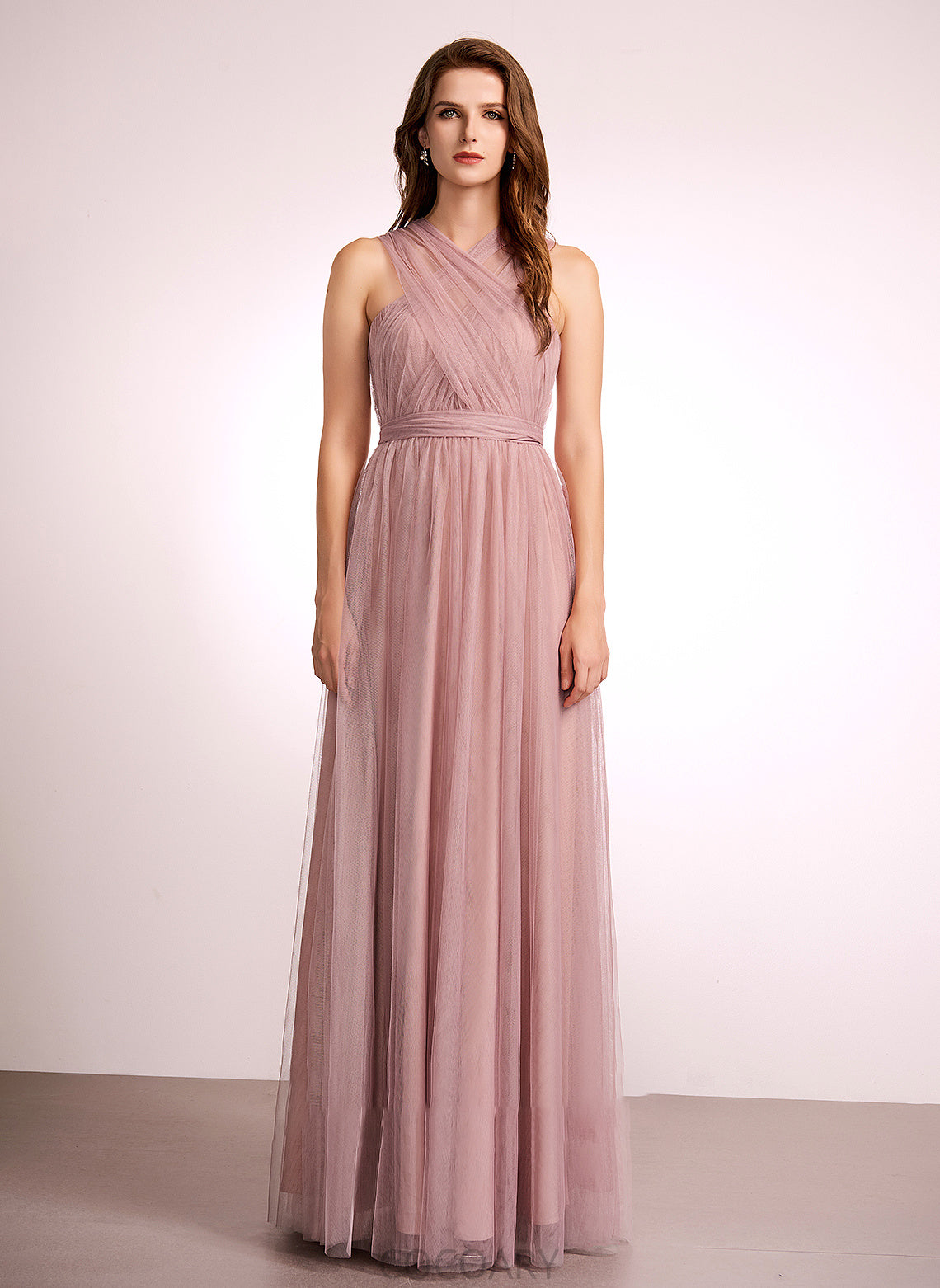 Length A-Line Floor-Length Neckline One-Shoulder Tulle Fabric Straps V-neck Off-the-Shoulder Silhouette Hillary Bridesmaid Dresses