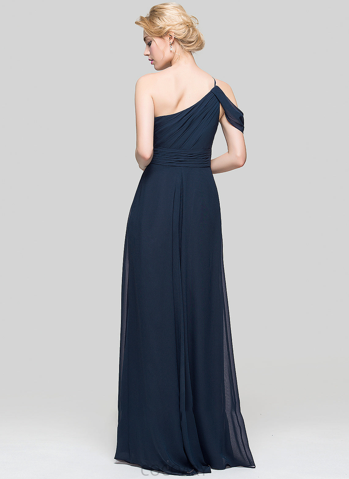 A-Line Floor-Length Ruffle Fabric Length Embellishment One-Shoulder Neckline Silhouette Nathaly Empire Waist Spaghetti Staps Bridesmaid Dresses