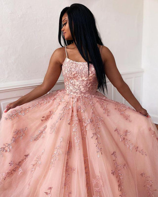 Pink A-Line Tulle Appliques Beading Popular Formal Dresses Long Prom Dresses