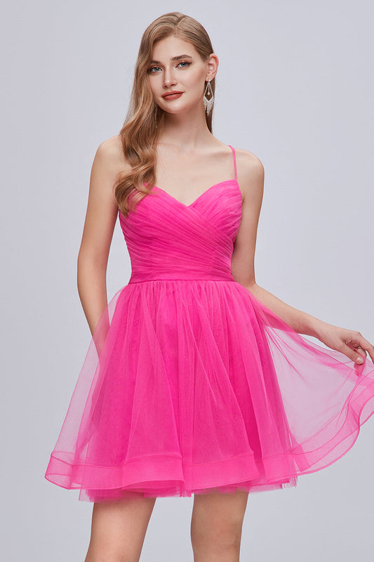 Cute Hot Pink Spaghetti Strap V Neck Tulle Homecoming Dresses