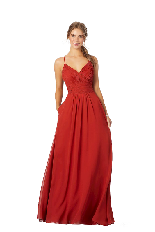 Daphne Natural Waist A-Line/Princess Sleeveless Chiffon Spaghetti Straps V-Neck Floor Length Bridesmaid Dresses