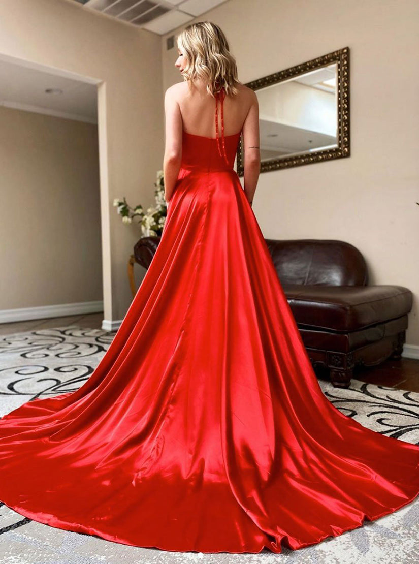 Simple Red V Neck A Line Satin Split Long Prom Dresses