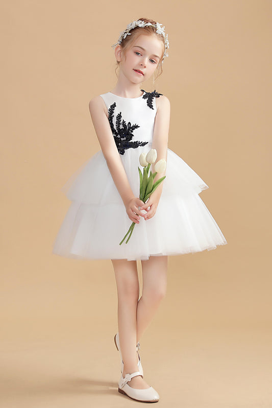 Short Ivory Flower Girl Dresses With Black Appliques