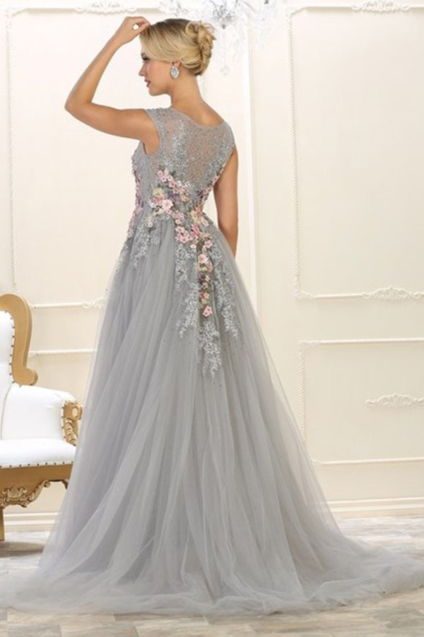 Elegant Round Neck Sleeveless Handmade Flower With Appliques Long Prom Dresses