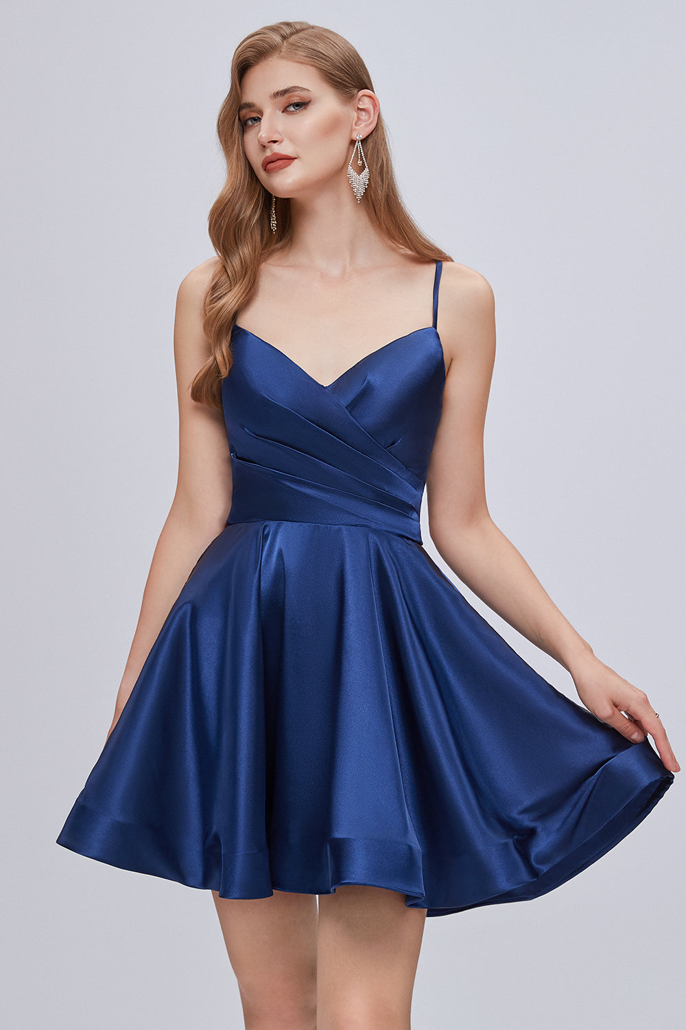 Spaghetti Strap Blue V Neck A Line Backless Homecoming Dresses