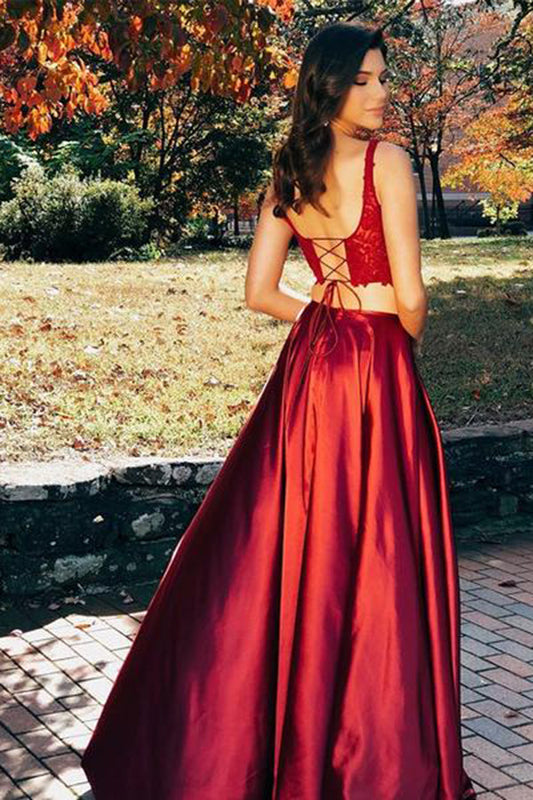 Chic Two Piece Sleeveless Satin Floor Length Prom Dresses with Split Side