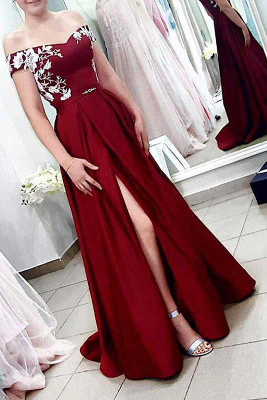 Burgundy Off Shoulder V Neck Formal Party Dresses Prom Dresses with Split Side