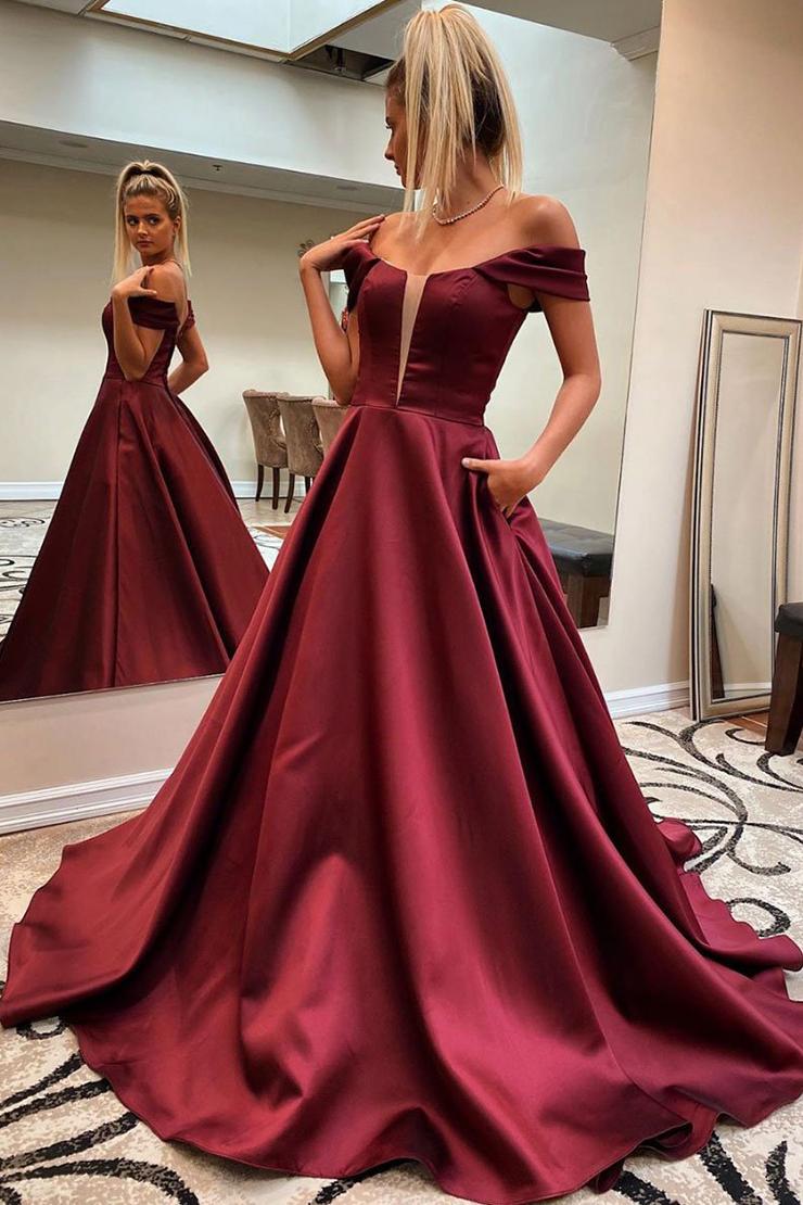 Simple Off Shoulder A Line Satin Long Prom Dresses