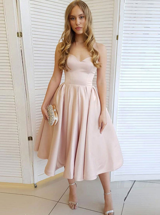 Simple Pink Sleeveless Sweetheart Satin Short Homecoming Dresses