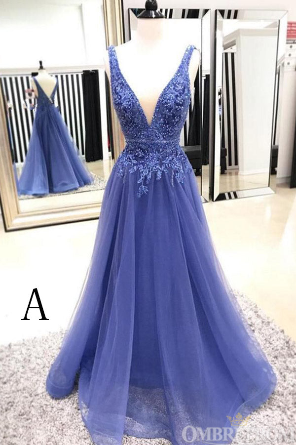 Simple V Back Sleeveless Lace Appliques Tulle Long Prom Dresses