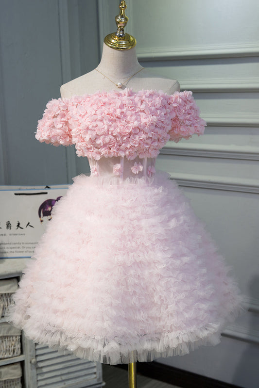 Pink A Line Tulle Homecoming Dresses with Flower Appliques