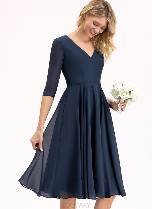 Length A-Line Silhouette V-neck Fabric Knee-Length Neckline Pockets Embellishment Luciana A-Line/Princess Natural Waist Bridesmaid Dresses