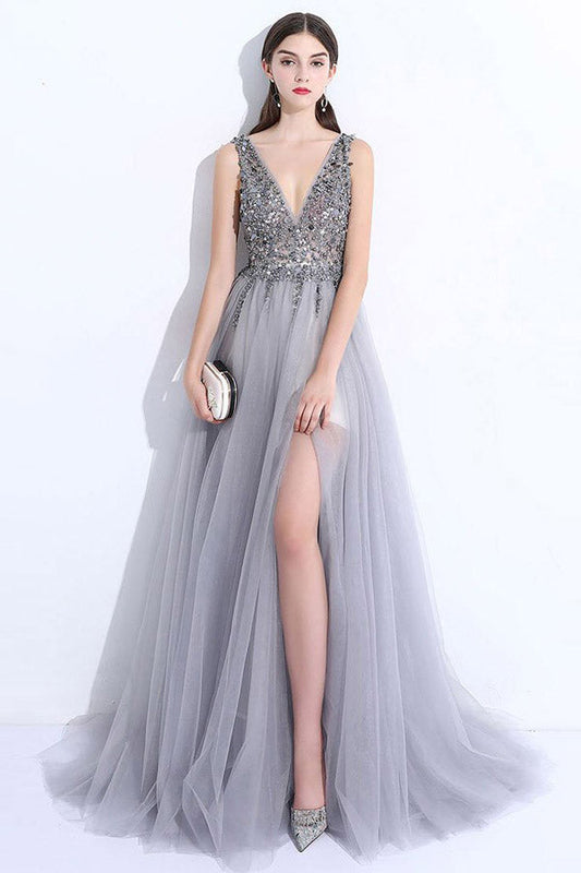 A Line Brush Train Deep V Neck Sleeveless Backless Beading Prom Dresses