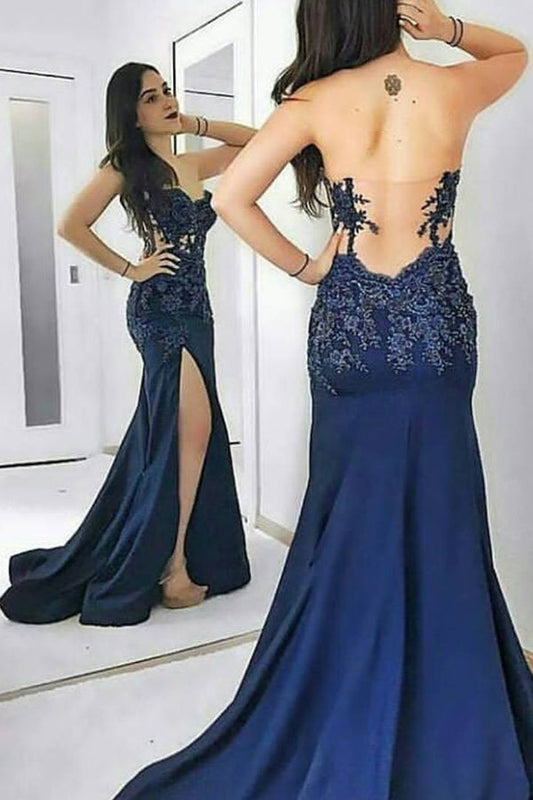 Navy Blue Mermaid Court Train Sweetheart Sleeveless Sheer Back Appliques Prom Dresses