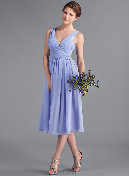 A-Line Embellishment Silhouette Ruffle Fabric Neckline Length Tea-Length V-neck Thirza Floor Length Natural Waist Bridesmaid Dresses