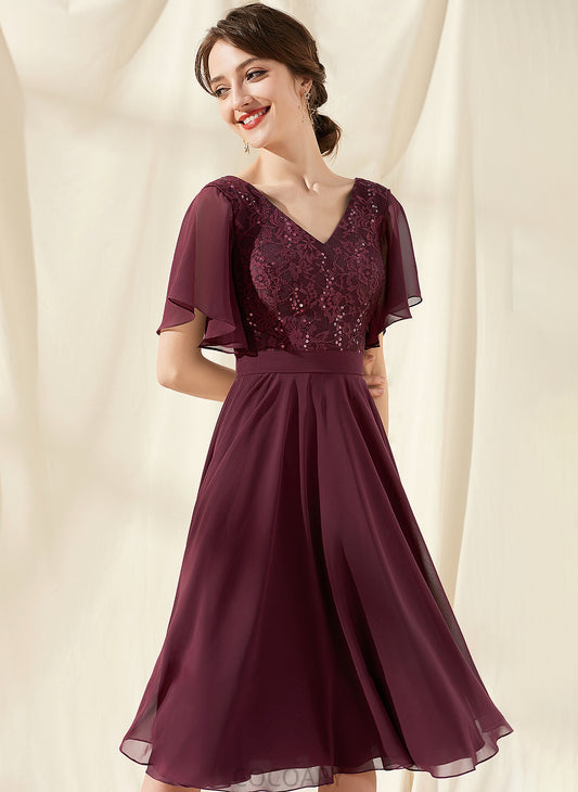 Embellishment Sequins Fabric Knee-Length A-Line Neckline V-neck Silhouette Length Livia Tea Length Spaghetti Staps Bridesmaid Dresses