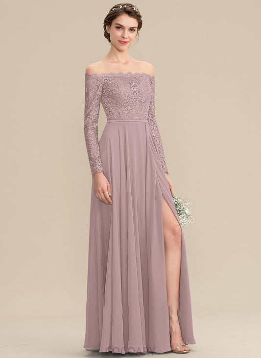 Neckline SplitFront Length A-Line Fabric Embellishment Silhouette Off-the-Shoulder Floor-Length Mallory Natural Waist A-Line/Princess Bridesmaid Dresses