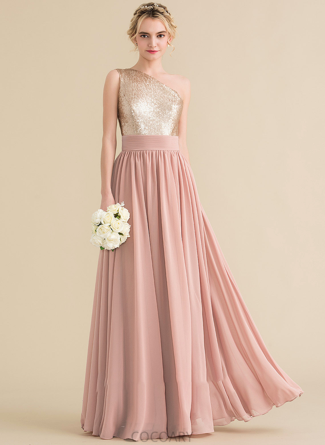 Straps Silhouette Neckline Floor-Length Sequined Length One-Shoulder Fabric A-Line Rayna Sleeveless Floor Length Bridesmaid Dresses