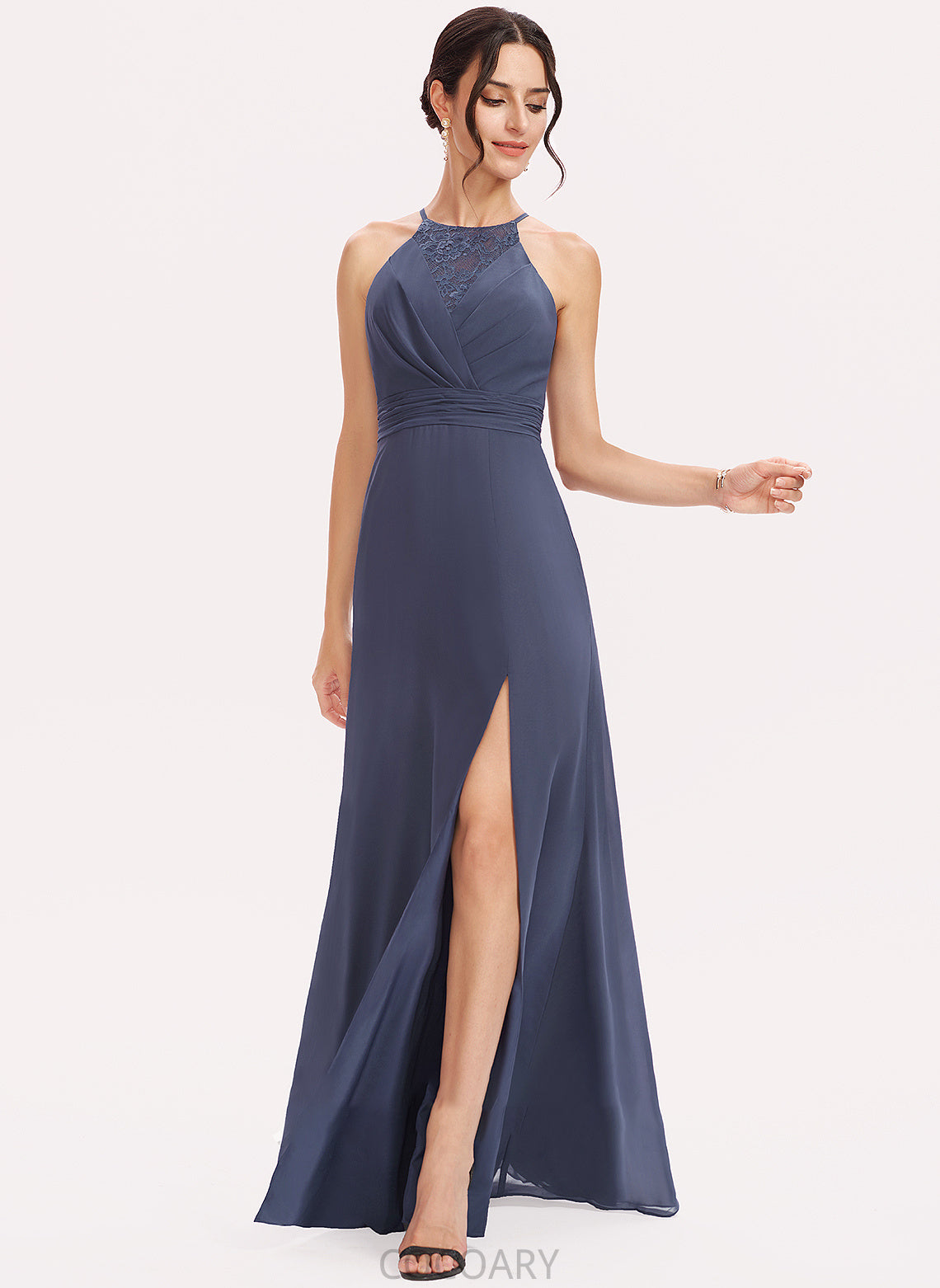 A-Line Length Silhouette Embellishment SplitFront Floor-Length Neckline Lace Halter Fabric Brooke Floor Length Bridesmaid Dresses