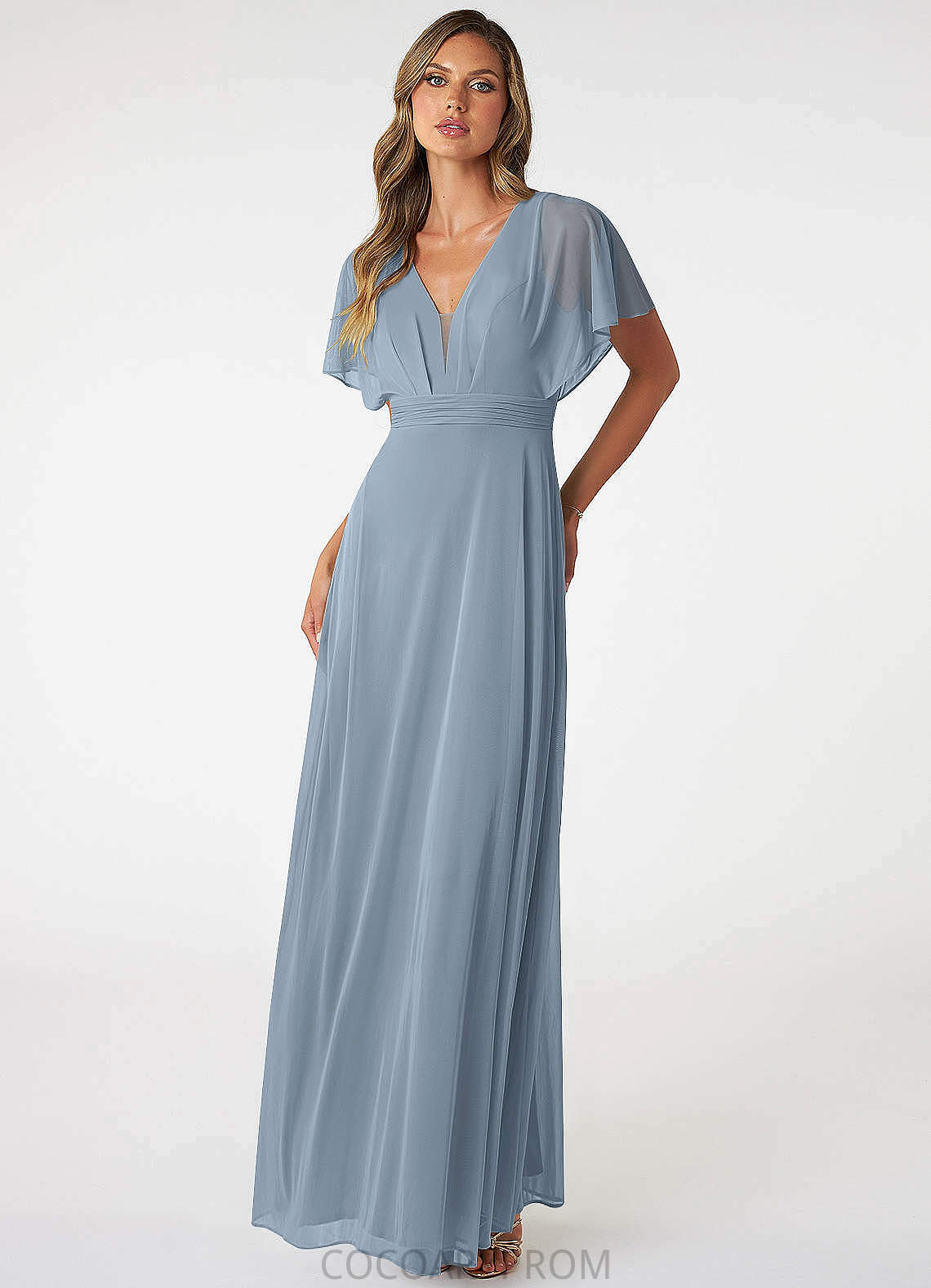 Blanche Natural Waist A-Line/Princess V-Neck Floor Length Short Sleeves Bridesmaid Dresses