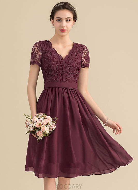 Neckline Knee-Length Silhouette Straps Lace Fabric A-Line Length V-neck Jeanie V-Neck Natural Waist Bridesmaid Dresses