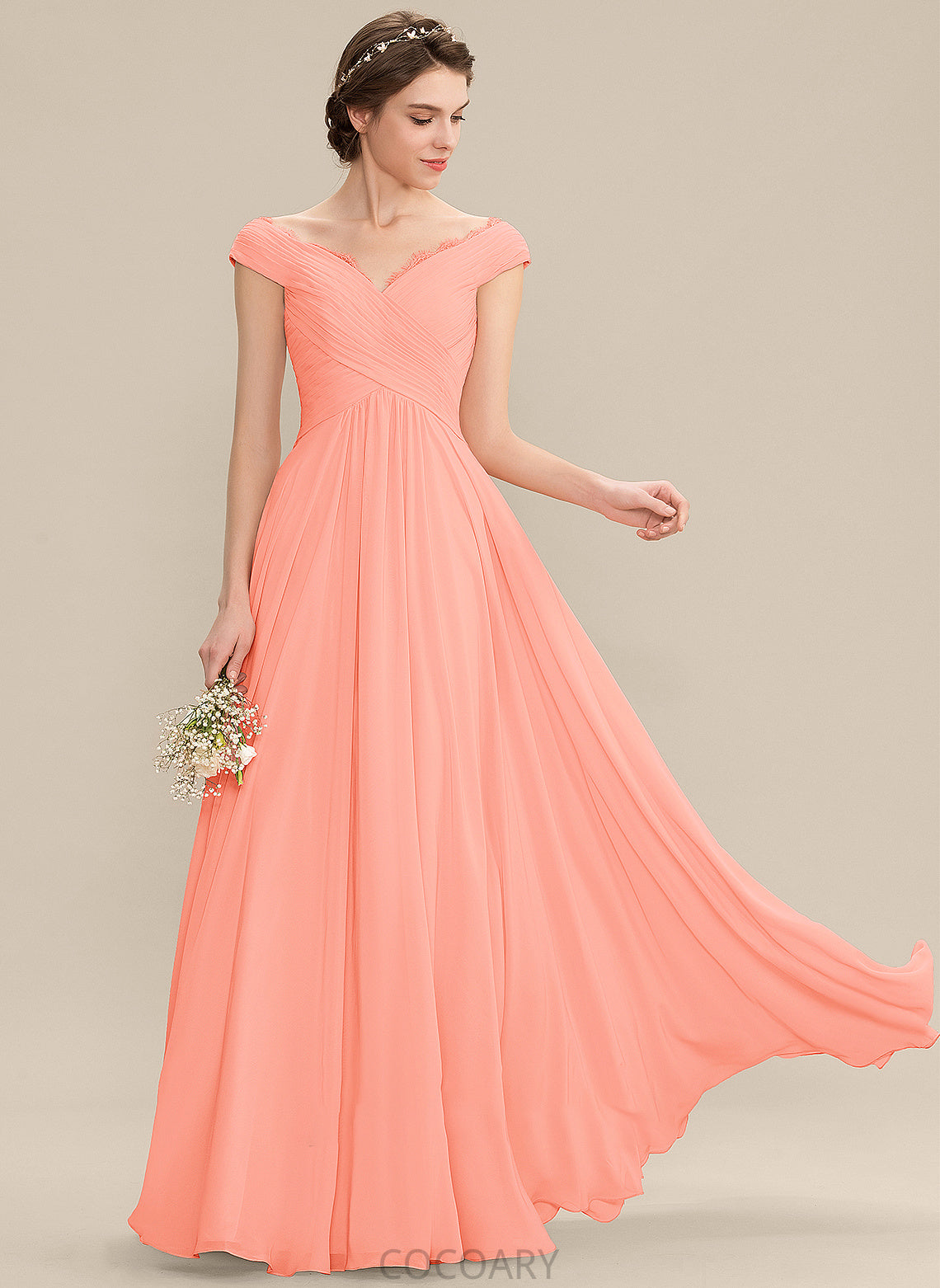 A-Line Lace Embellishment Ruffle Silhouette Floor-Length Off-the-Shoulder Neckline Fabric Length Keyla Sleeveless Bridesmaid Dresses