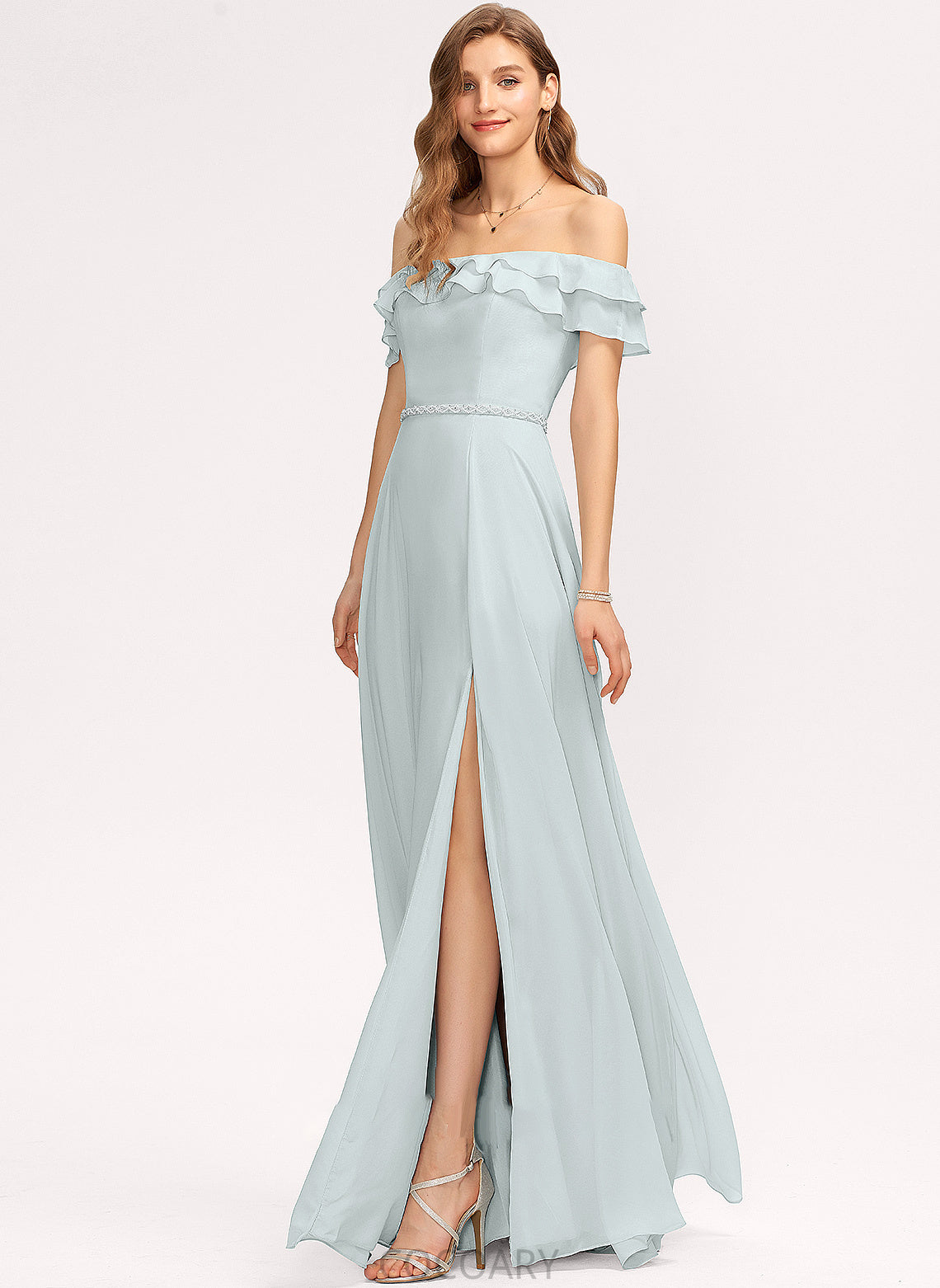 SplitFront Off-the-Shoulder Floor-Length Silhouette Length CascadingRuffles Beading Neckline Fabric Embellishment A-Line Minnie Bridesmaid Dresses