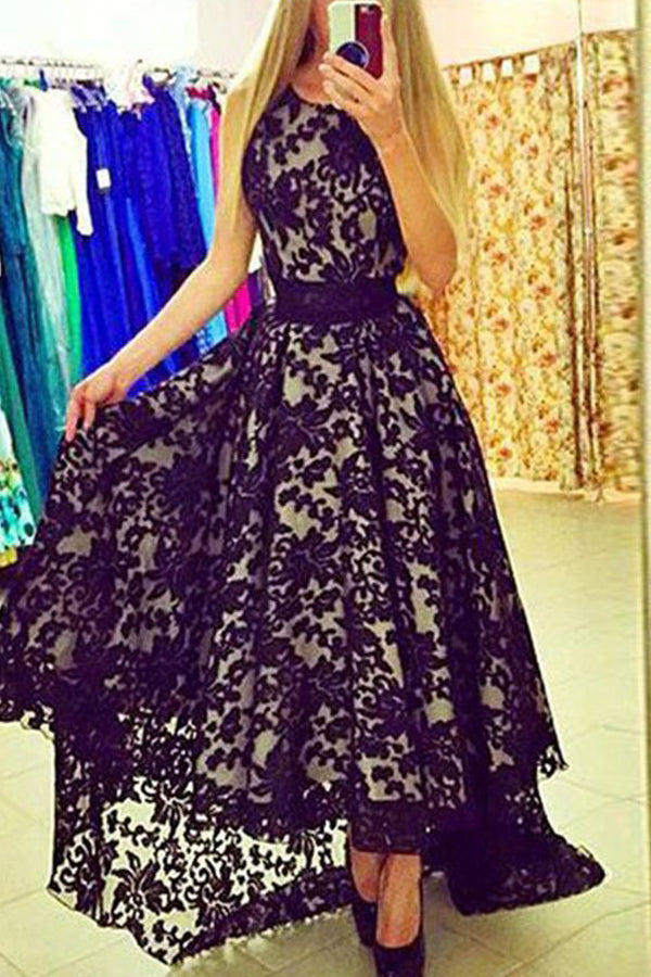 Black A Line Asymmetrical Brush Train Scoop Neck Sleeveless Lace Prom Dresses