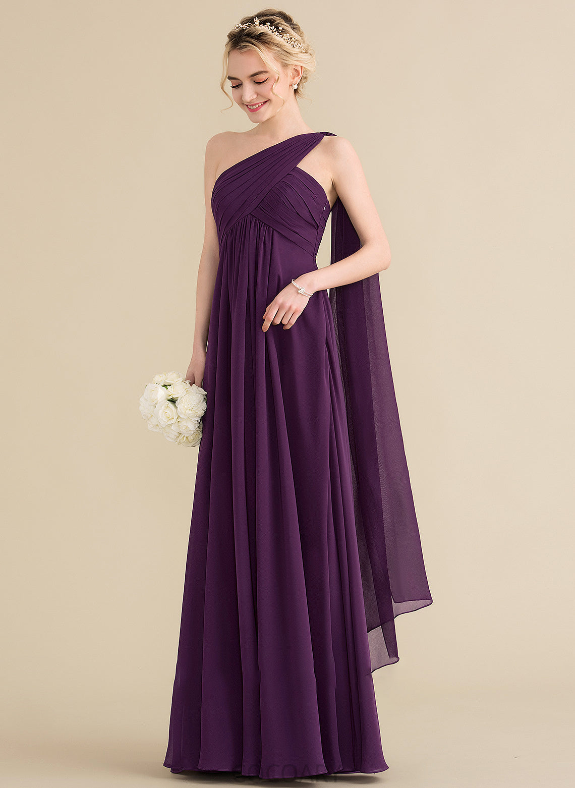 Length Floor-Length One-Shoulder Silhouette Ruffle Fabric Neckline Embellishment A-Line Alana Spaghetti Staps Sleeveless Bridesmaid Dresses