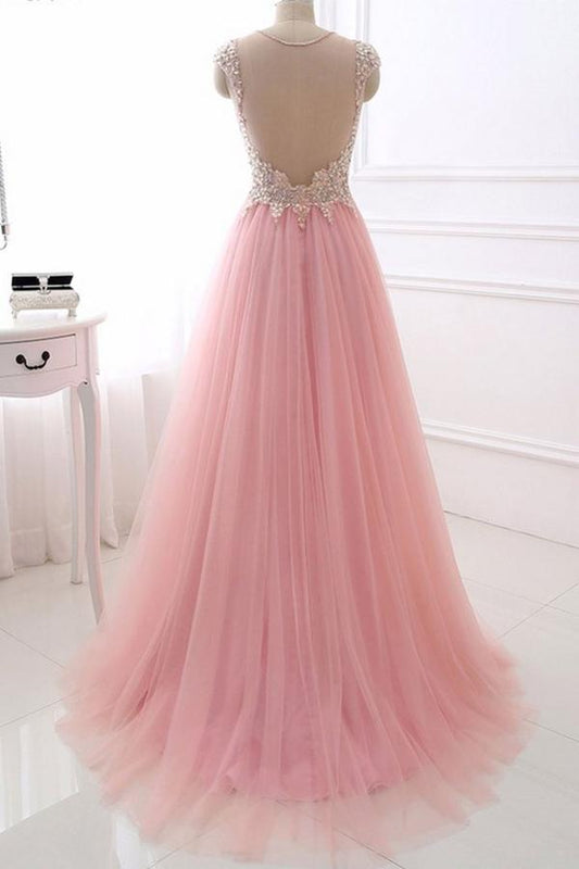 Delicate Pink V Neck With Beading Tulle See Through Back Prom Dresses