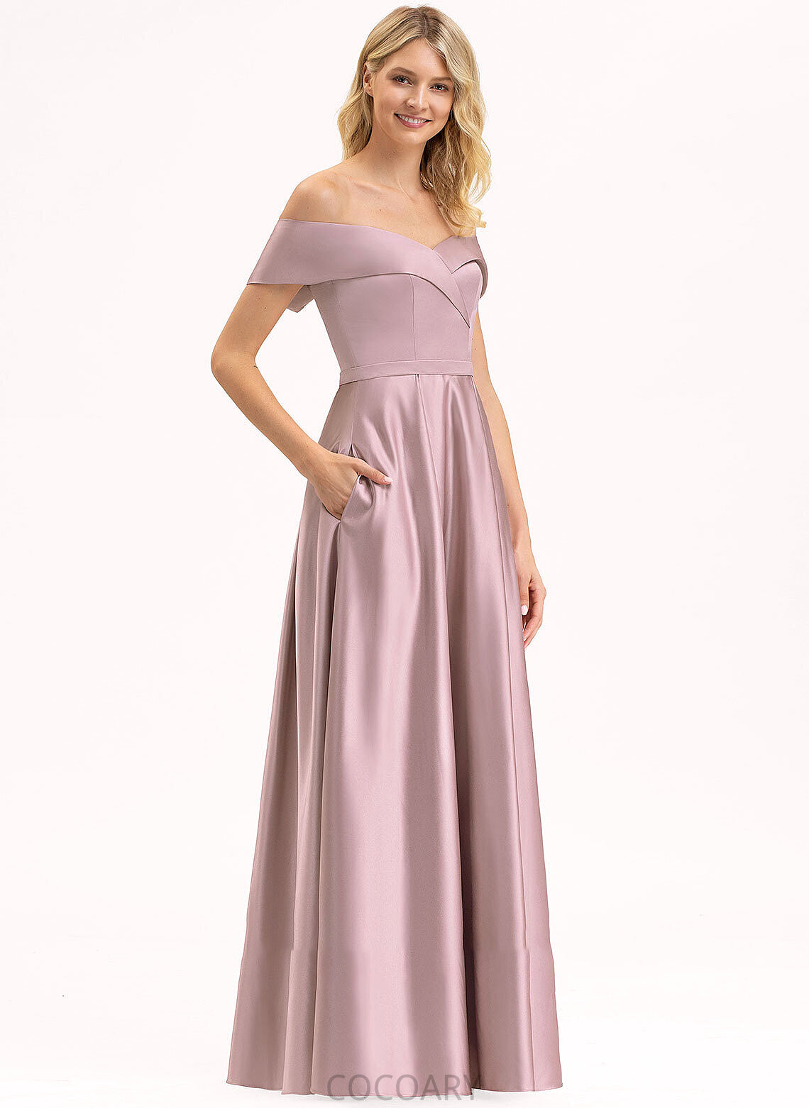 Off-the-Shoulder Fabric A-Line Length Neckline Floor-Length Embellishment Silhouette Pockets Charlotte Natural Waist A-Line/Princess Bridesmaid Dresses