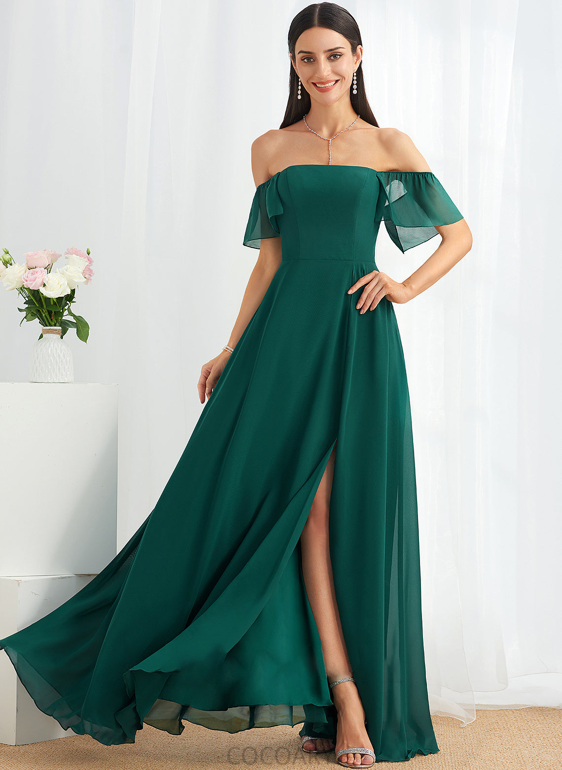 Silhouette A-Line Length Fabric Off-the-Shoulder SplitFront Floor-Length Embellishment Neckline Nadia A-Line/Princess Floor Length Bridesmaid Dresses