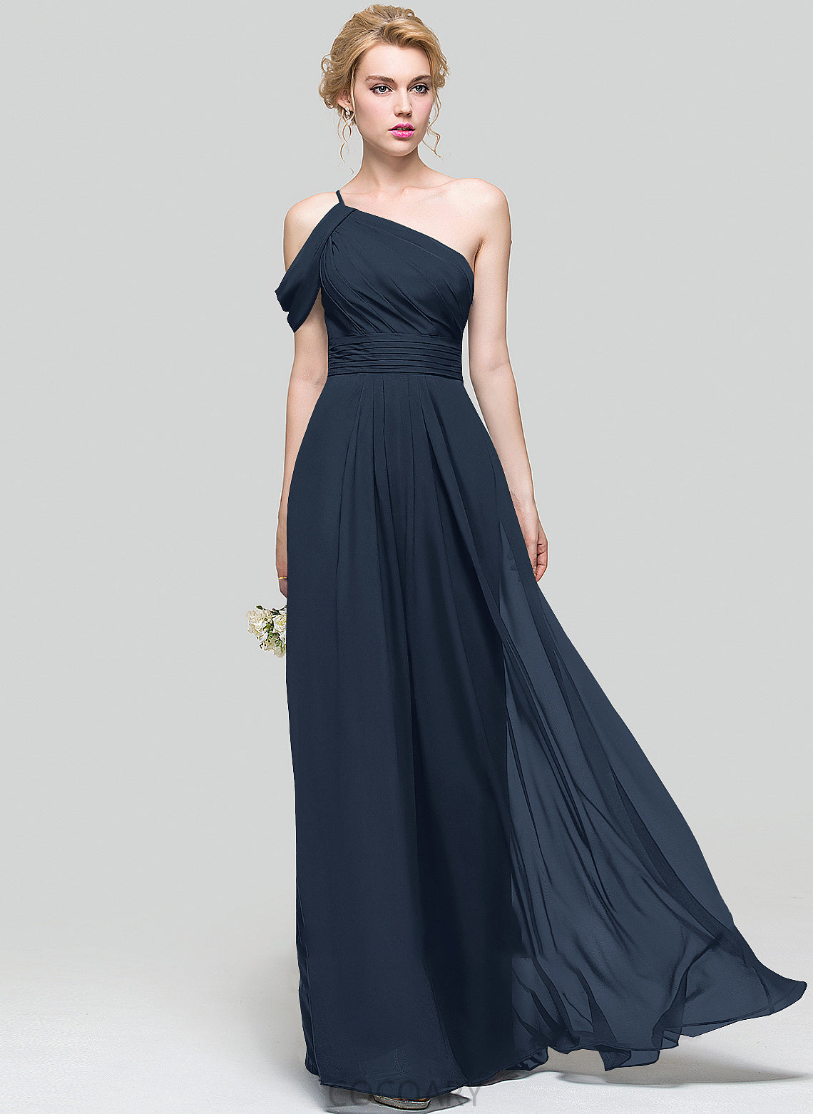 A-Line Floor-Length Ruffle Fabric Length Embellishment One-Shoulder Neckline Silhouette Nathaly Empire Waist Spaghetti Staps Bridesmaid Dresses