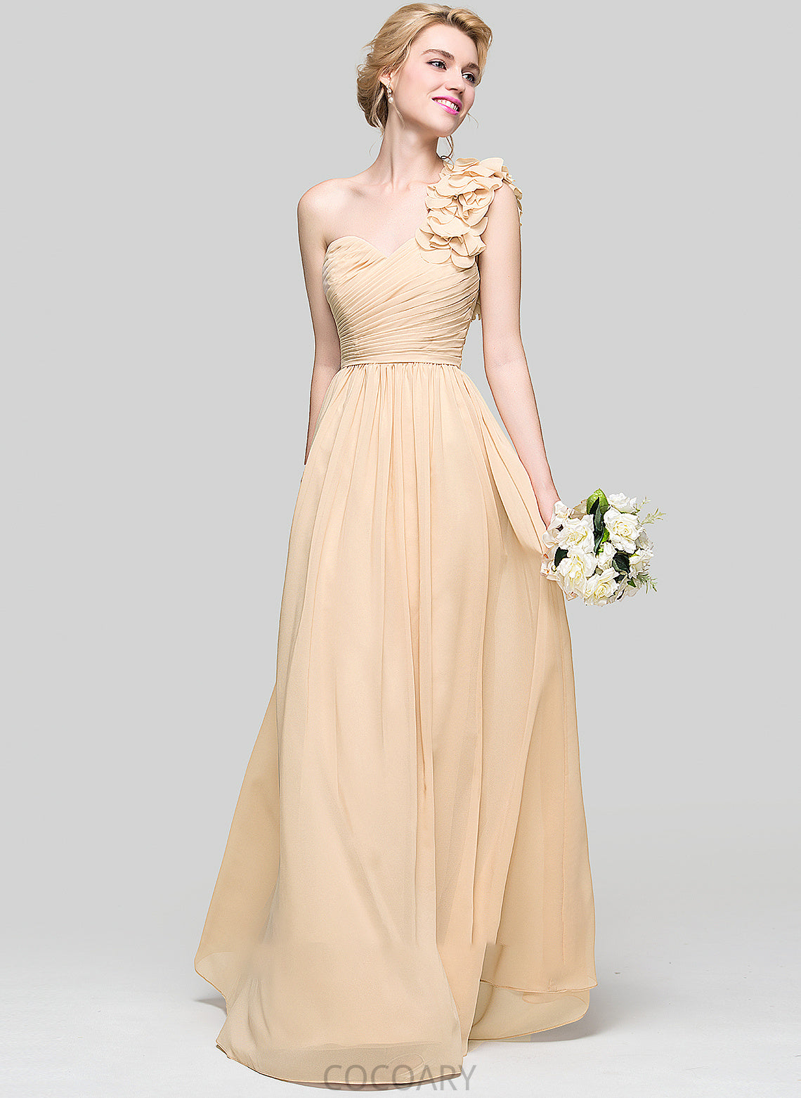 A-Line Flower(s) Embellishment Fabric Ruffle Silhouette Floor-Length Neckline One-Shoulder Length Camila Natural Waist Bridesmaid Dresses