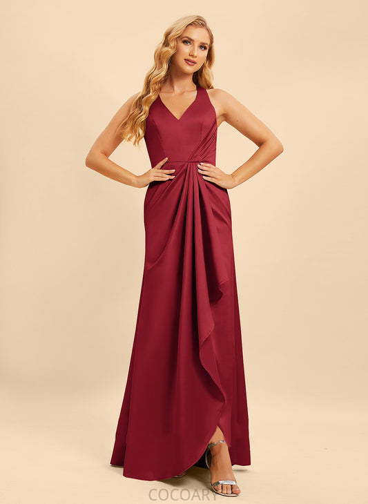 Fabric Ruffle Floor-Length SplitFront A-Line Neckline Length V-neck Silhouette Embellishment Celia Natural Waist Bridesmaid Dresses