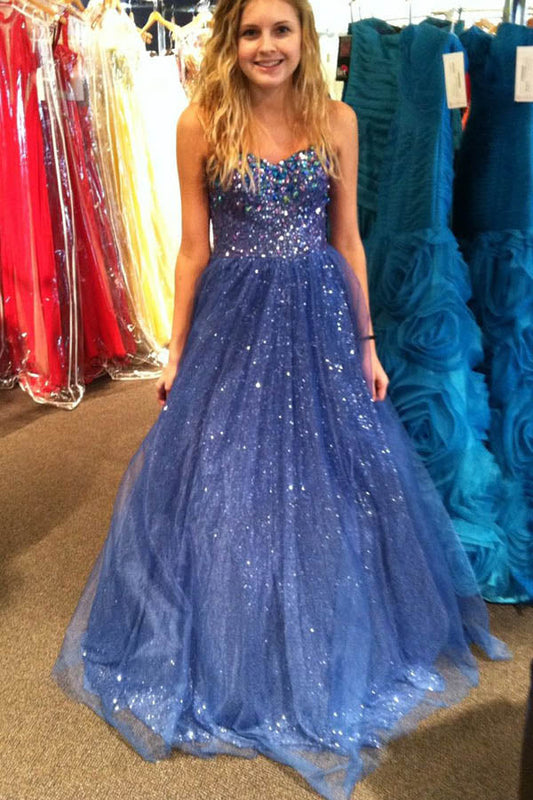 A Line Sweep Train Sweetheart Sleeveless Sparkle Prom Dresses