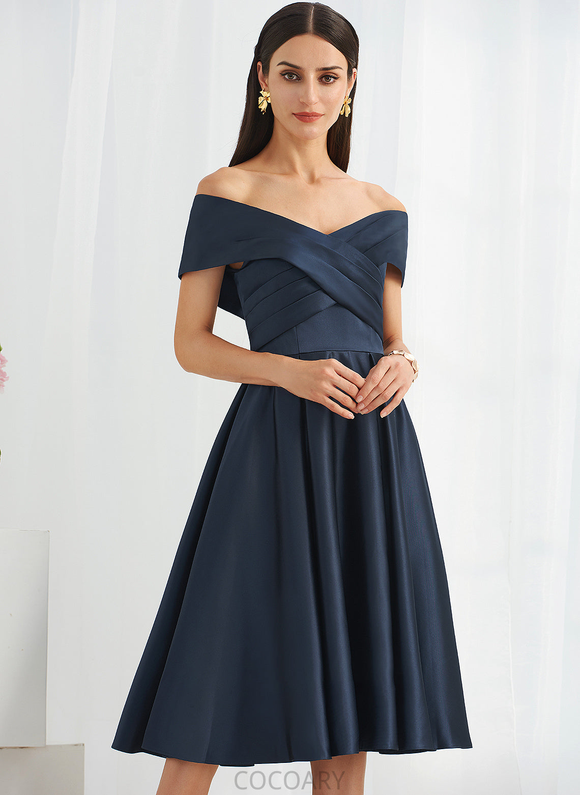 Fabric Silhouette Off-the-Shoulder Embellishment Length A-Line Knee-Length Pockets Neckline Avery Sleeveless Floor Length Bridesmaid Dresses