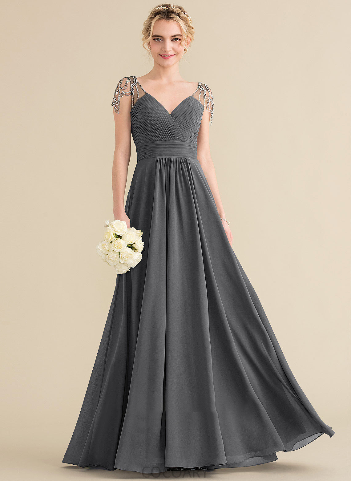 Ruffle Length V-neck Sequins Fabric A-Line Floor-Length Beading Embellishment Neckline Silhouette Ina Bridesmaid Dresses