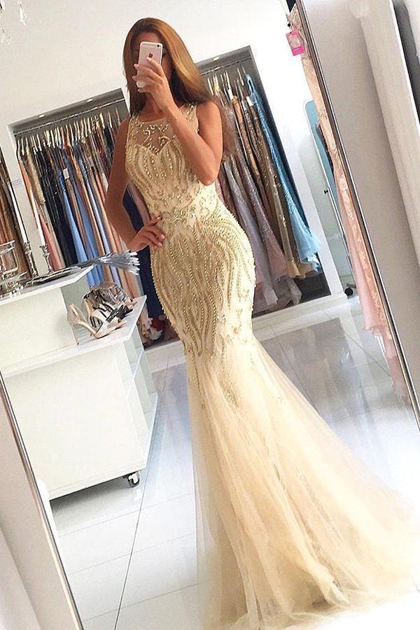 Mermaid Brush Train Sleeveless Layers Tulle Beading Prom Dresses